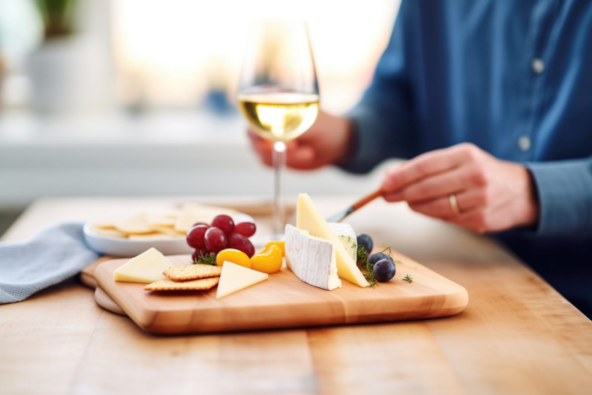 wine expert matching wine with cheese on a wooden board, created with generative ai
